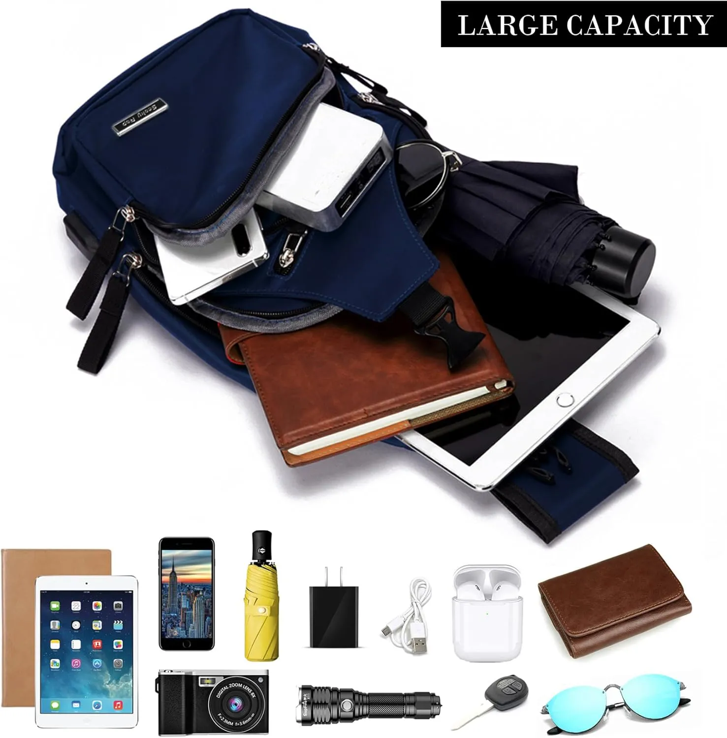 Seoky Rop Men Women Sling Backpack Nylon Water Resistant Shoulder Chest Crossbody Sling Bag with USB Charging Port