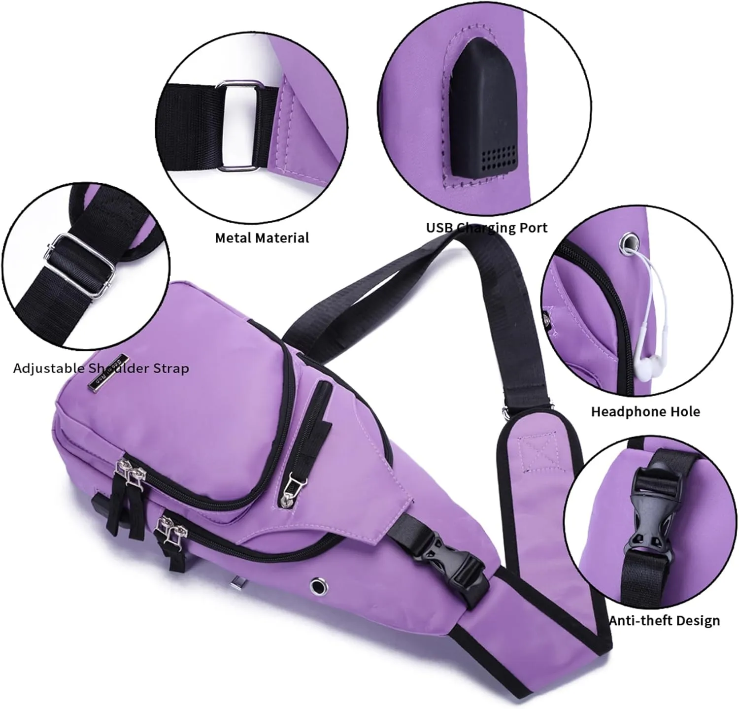 Seoky Rop Men Women Sling Backpack Nylon Water Resistant Shoulder Chest Crossbody Sling Bag with USB Charging Port