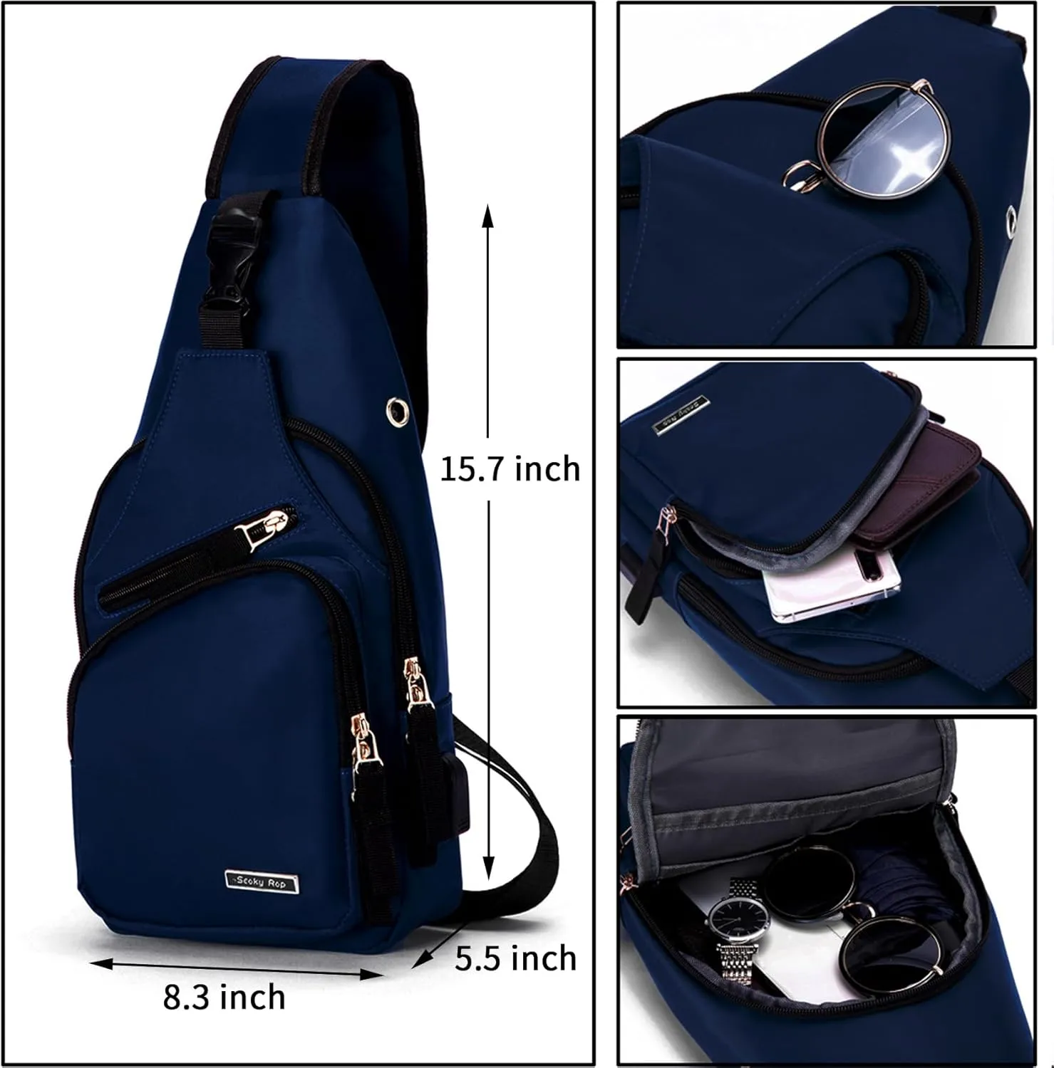 Seoky Rop Men Women Sling Backpack Nylon Water Resistant Shoulder Chest Crossbody Sling Bag with USB Charging Port