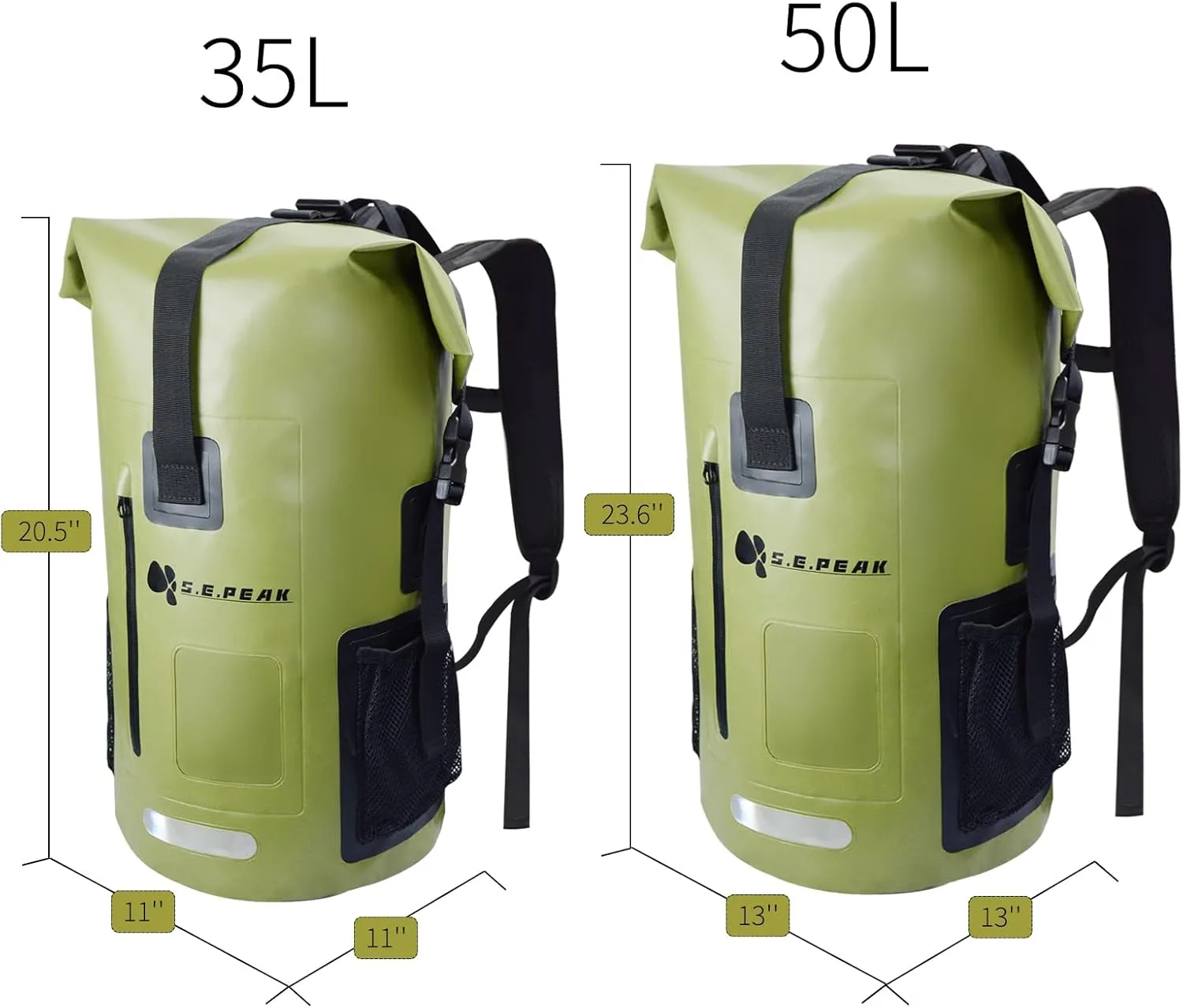 SEPEAK 35L Waterproof Marine Dry Bag, Roll Top Backpack, Heavy Duty Dry Sack for Kayaking, Boating,Swimming,Diving,Surfing,Rafting,Fishing,Camping,Hiking,with Reflective Strip,Green