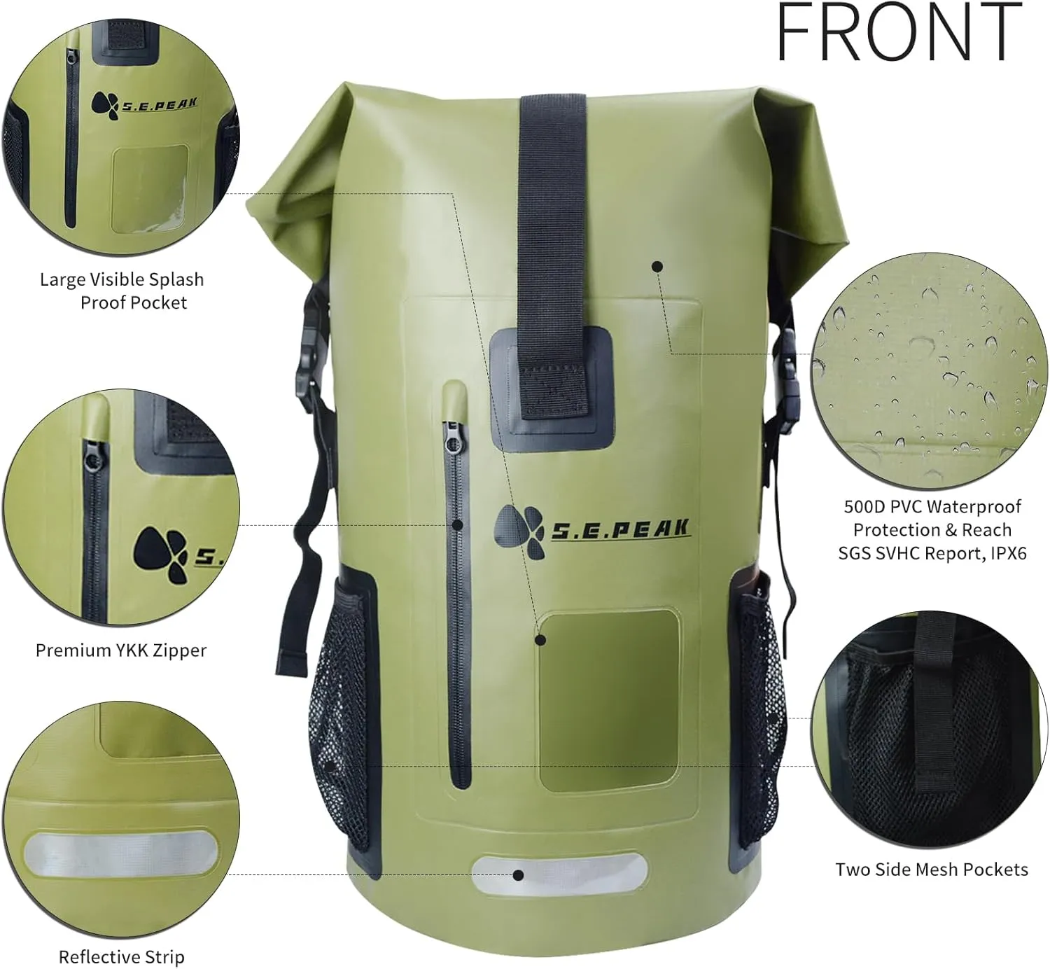 SEPEAK 35L Waterproof Marine Dry Bag, Roll Top Backpack, Heavy Duty Dry Sack for Kayaking, Boating,Swimming,Diving,Surfing,Rafting,Fishing,Camping,Hiking,with Reflective Strip,Green