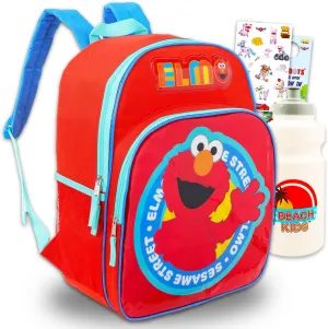 Sesame Street Backpack for Kids - Bundle with 16” Sesame Street School Backpack Plus Water Bottle, Tattoos, More | Elmo School Bag for Boys, Girls Set