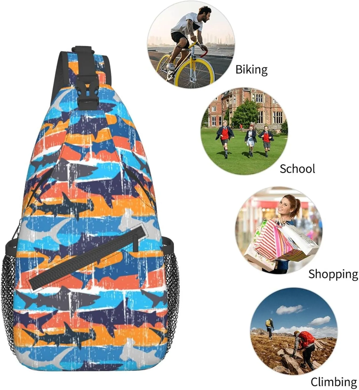Shark Sling Backpack Chest Bag Crossbody Shoulder Bag Gym Cycling Travel Hiking Daypack For Men Women