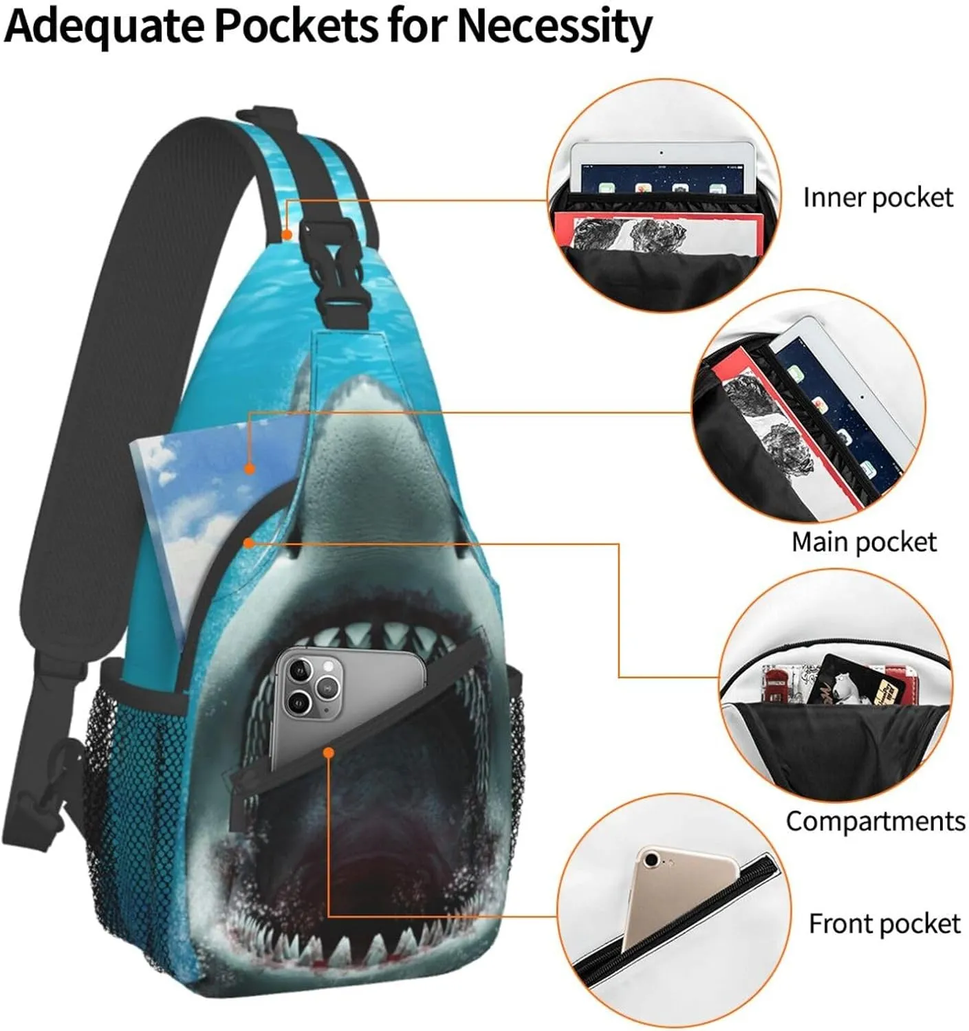 Shark Sling Backpack Chest Bag Crossbody Shoulder Bag Gym Cycling Travel Hiking Daypack For Men Women