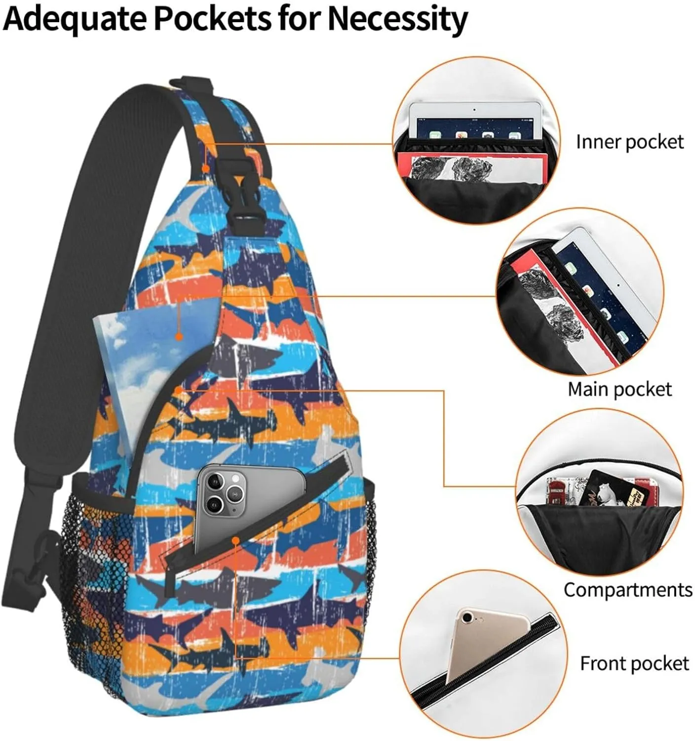 Shark Sling Backpack Chest Bag Crossbody Shoulder Bag Gym Cycling Travel Hiking Daypack For Men Women