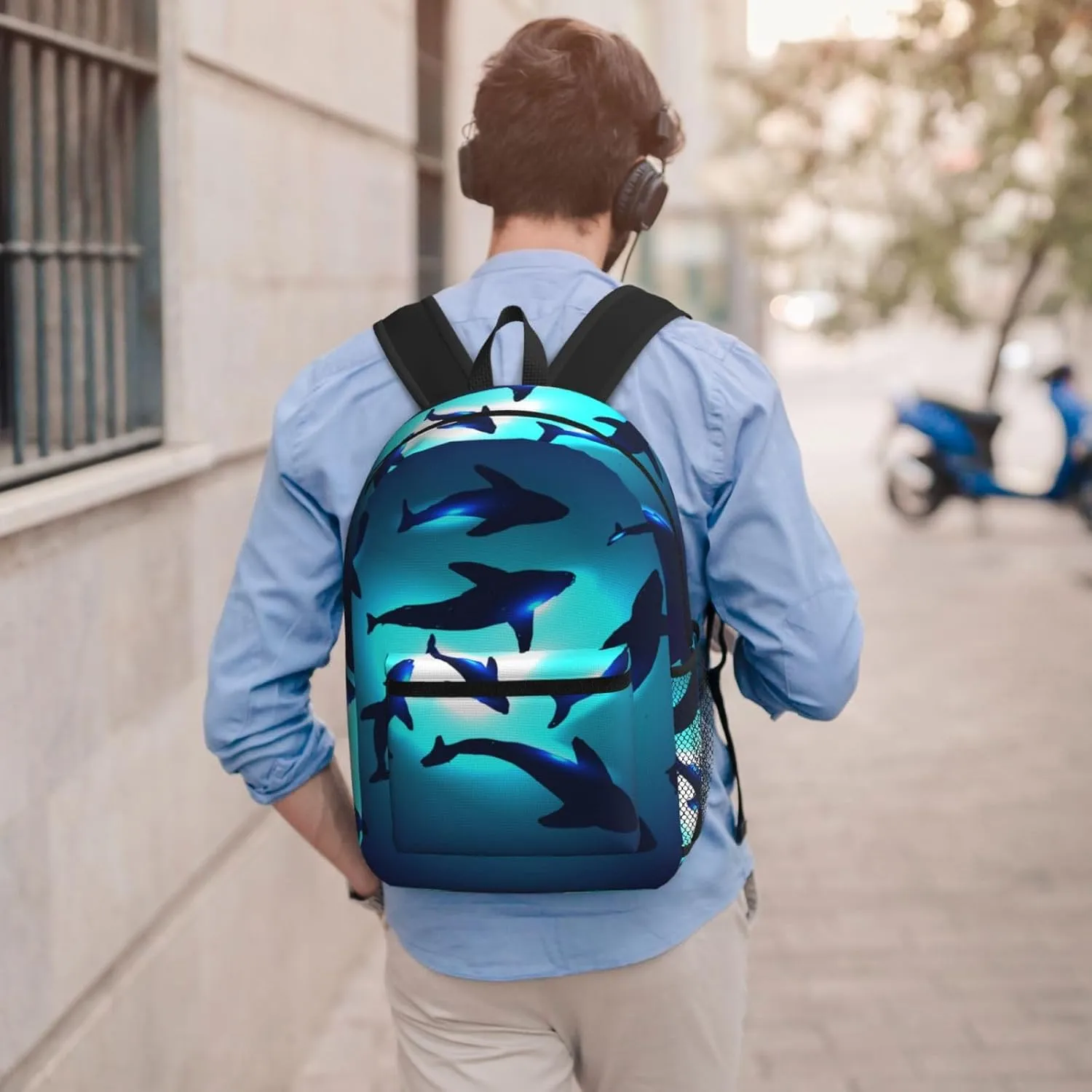 Sharks gather together in transparent underwater 17 Inch Backpacks Multipurpose Laptop Backpack Double Shoulder Bag for Men Women Gifts