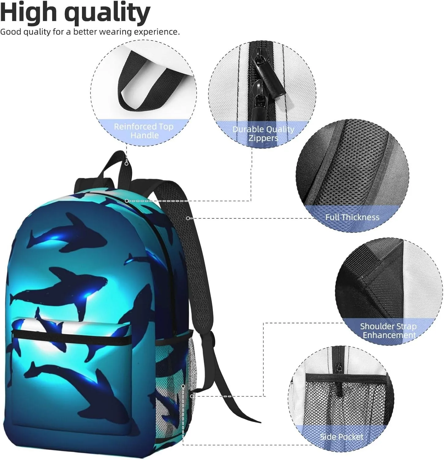 Sharks gather together in transparent underwater 17 Inch Backpacks Multipurpose Laptop Backpack Double Shoulder Bag for Men Women Gifts