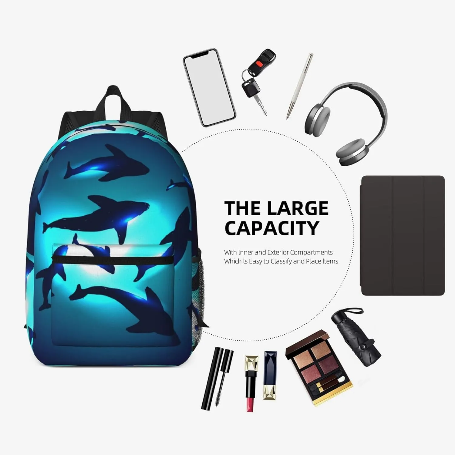 Sharks gather together in transparent underwater 17 Inch Backpacks Multipurpose Laptop Backpack Double Shoulder Bag for Men Women Gifts