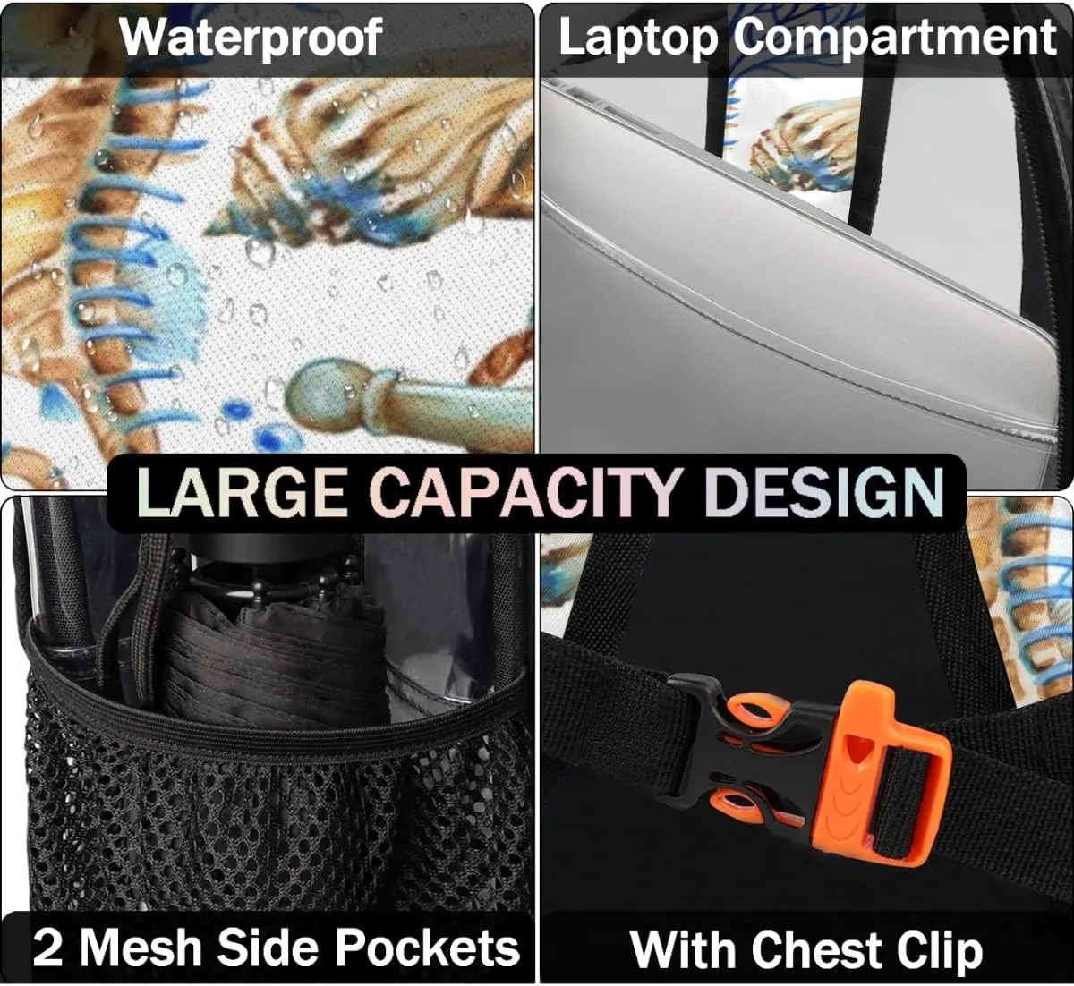 Shell Starfish Seahorse Crab Clear Backpack Stadium Approved Heavy Duty PVC Transparent Backpacks Large See Through Bag for Work Travel Sports Events Concerts