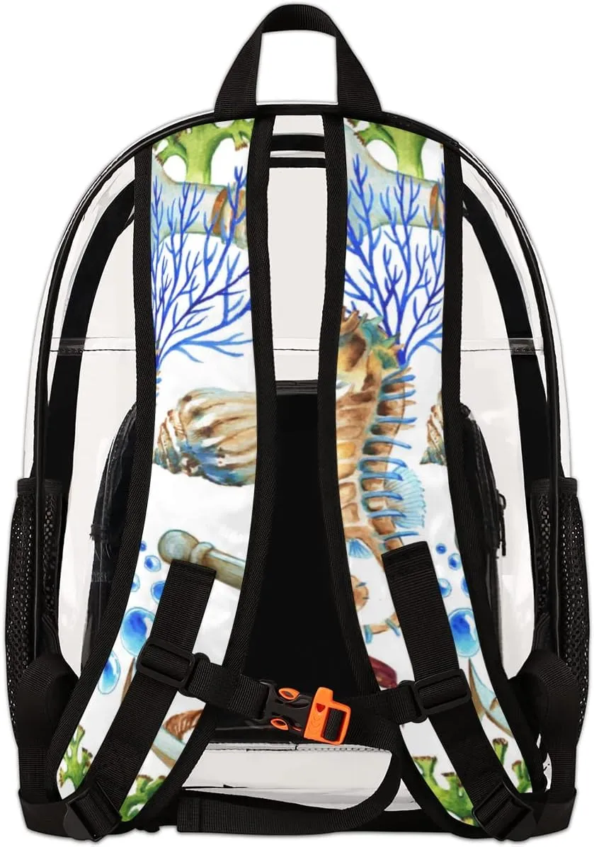 Shell Starfish Seahorse Crab Clear Backpack Stadium Approved Heavy Duty PVC Transparent Backpacks Large See Through Bag for Work Travel Sports Events Concerts