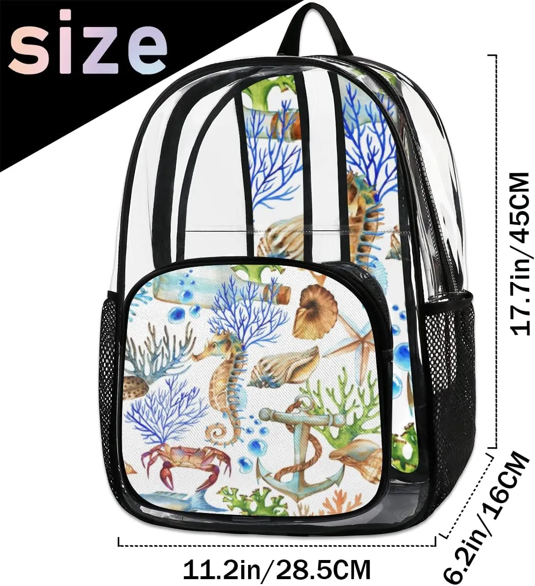 Shell Starfish Seahorse Crab Clear Backpack Stadium Approved Heavy Duty PVC Transparent Backpacks Large See Through Bag for Work Travel Sports Events Concerts