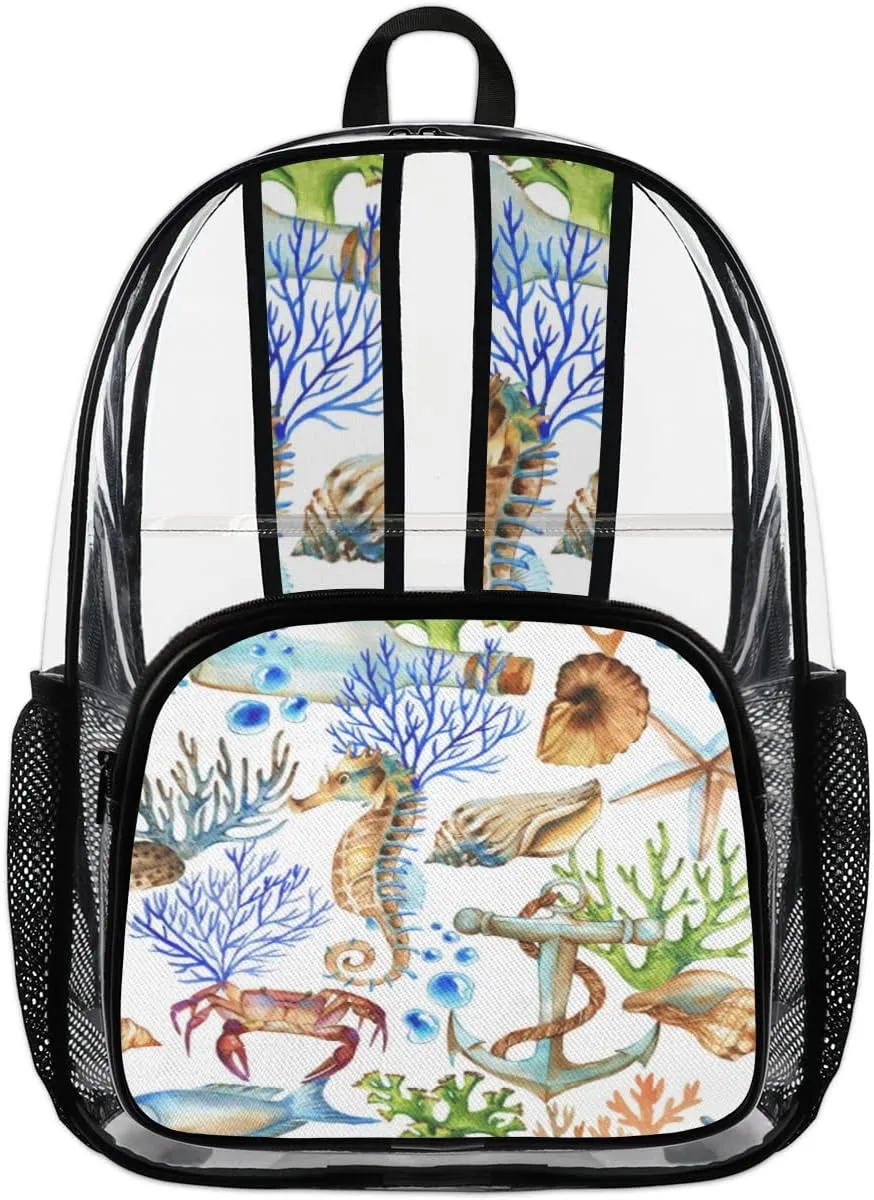 Shell Starfish Seahorse Crab Clear Backpack Stadium Approved Heavy Duty PVC Transparent Backpacks Large See Through Bag for Work Travel Sports Events Concerts
