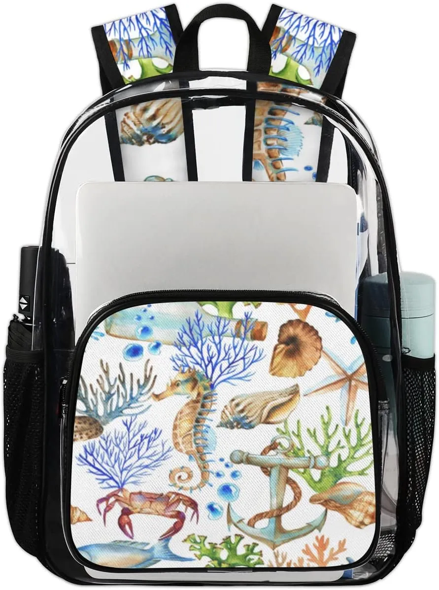 Shell Starfish Seahorse Crab Clear Backpack Stadium Approved Heavy Duty PVC Transparent Backpacks Large See Through Bag for Work Travel Sports Events Concerts