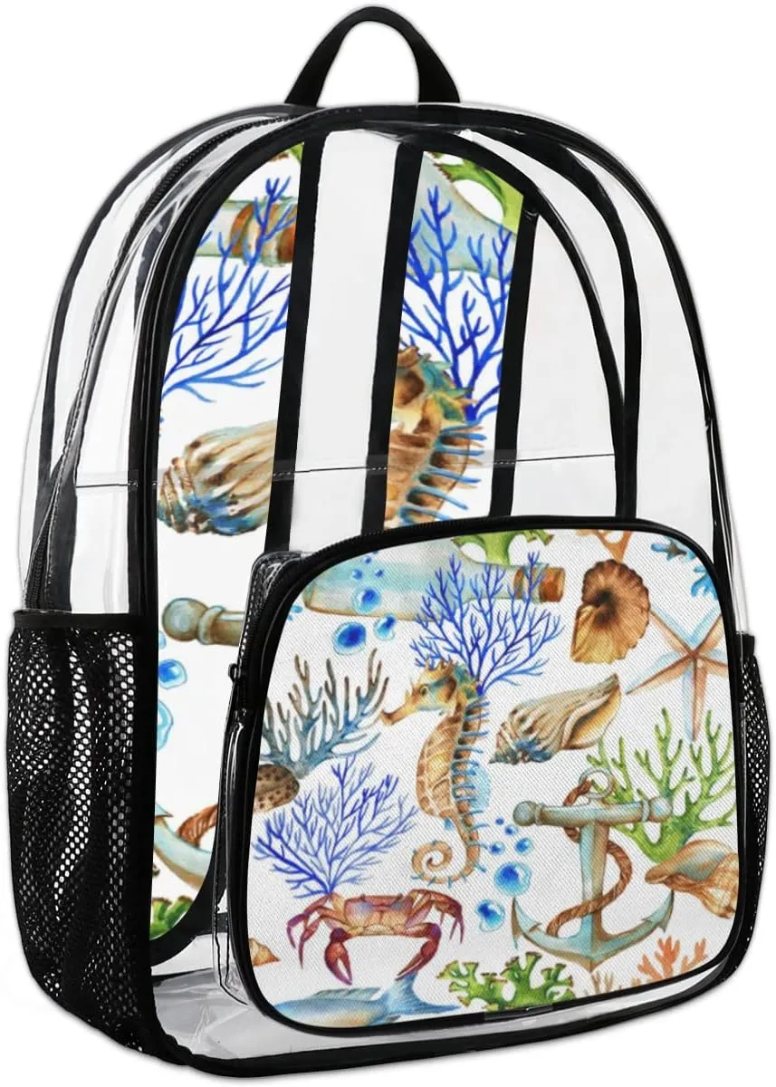 Shell Starfish Seahorse Crab Clear Backpack Stadium Approved Heavy Duty PVC Transparent Backpacks Large See Through Bag for Work Travel Sports Events Concerts