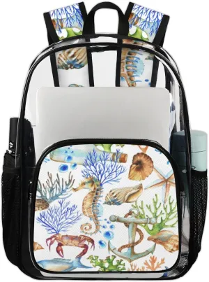 Shell Starfish Seahorse Crab Clear Backpack Stadium Approved Heavy Duty PVC Transparent Backpacks Large See Through Bag for Work Travel Sports Events Concerts