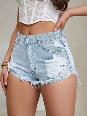Shorts de mezclilla desgarro bajo crudo  CR