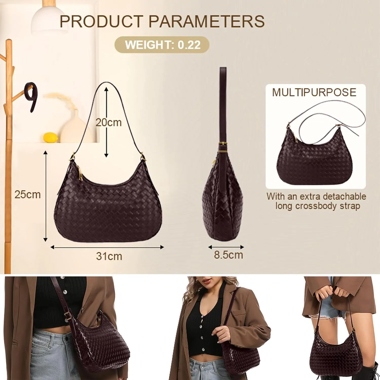Shoulder Handbags for Women Crossbody Woven Leather Tote Shoulder Bag Purse Hobo Lightweight With Zipper Adjustable Strap