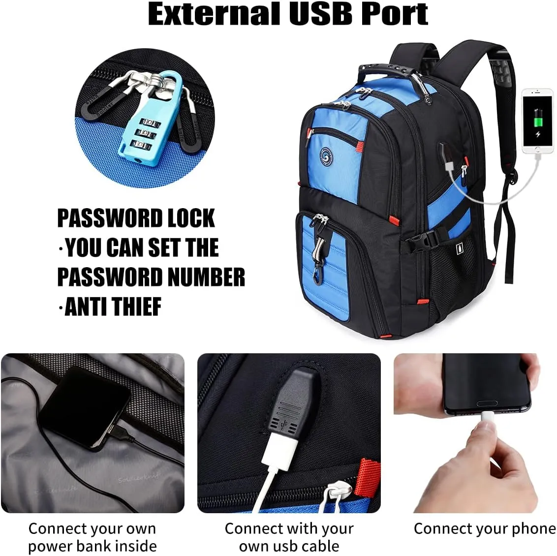 SHRRADOO Extra Large 50L Travel Laptop Backpack with USB Charging Port, College Backpack Airline Approved Business Work Bag Fits 17 Inch Computer for Men Women