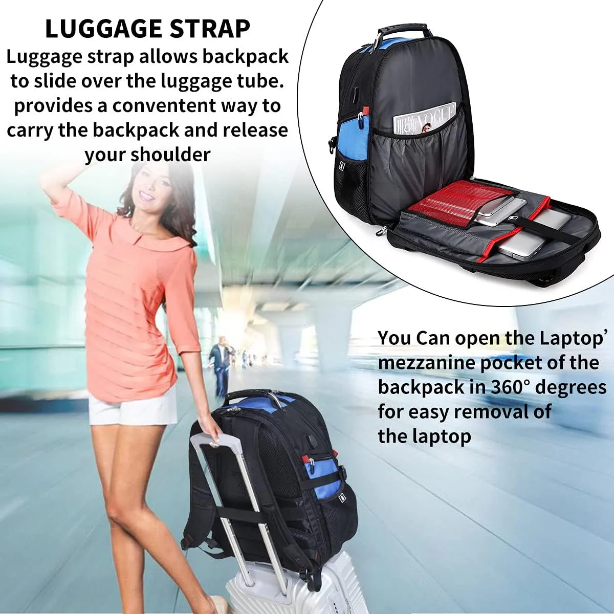 SHRRADOO Extra Large 50L Travel Laptop Backpack with USB Charging Port, College Backpack Airline Approved Business Work Bag Fits 17 Inch Computer for Men Women