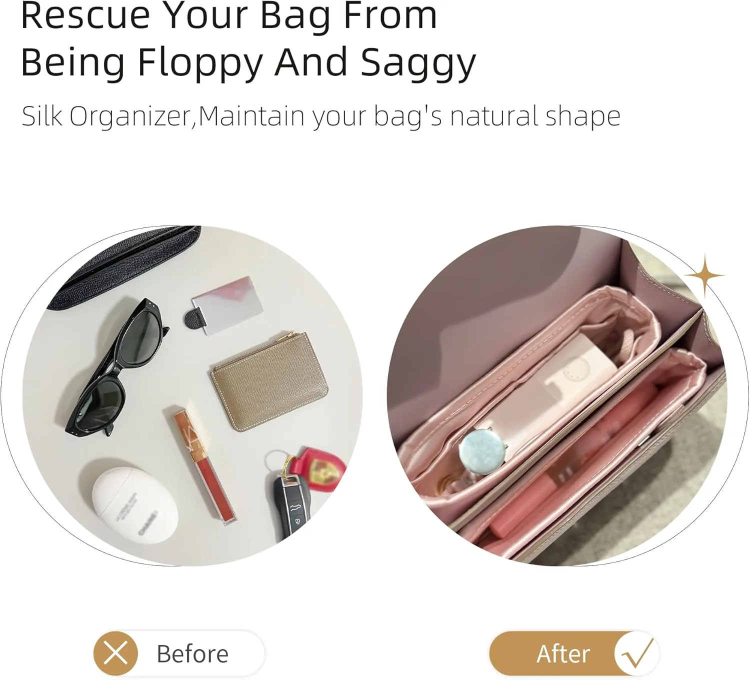 Silk Purse Organizer for Constance 19/24,Insert Bag in Bag,Luxury Handbag Tote Lining Bag Shapers(Constance New 19,Gold)