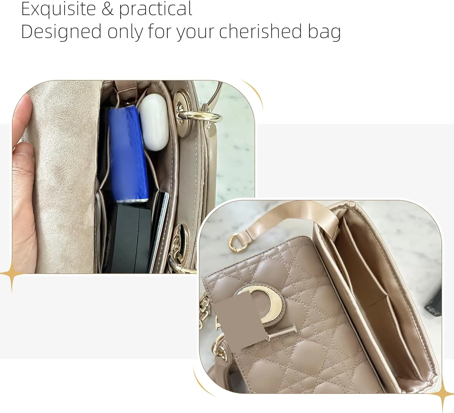 Silk Purse Organizer for D-Joy Micro/Small/Medium,Insert Bag in Bag,Luxury Handbag Tote Lining Bag Shapers(D-Joy Small,Champagne)