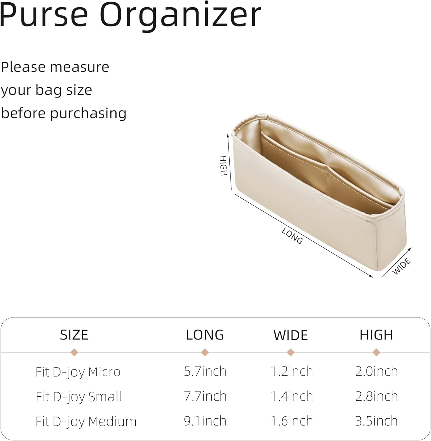 Silk Purse Organizer for D-Joy Micro/Small/Medium,Insert Bag in Bag,Luxury Handbag Tote Lining Bag Shapers(D-Joy Small,Champagne)