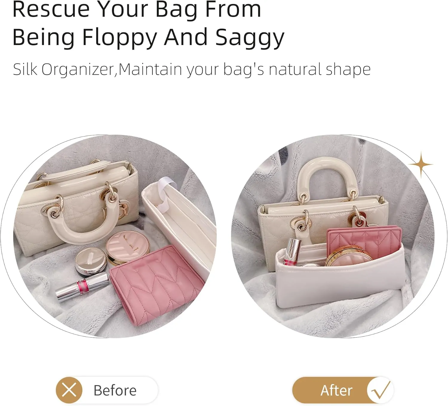 Silk Purse Organizer for D-Joy Micro/Small/Medium,Insert Bag in Bag,Luxury Handbag Tote Lining Bag Shapers(D-Joy Small,Champagne)