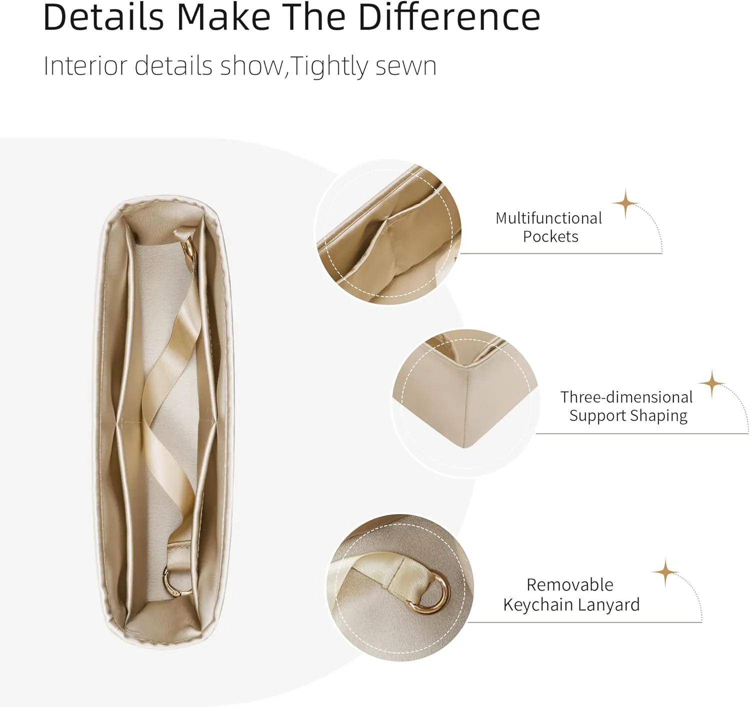 Silk Purse Organizer for D-Joy Micro/Small/Medium,Insert Bag in Bag,Luxury Handbag Tote Lining Bag Shapers(D-Joy Small,Champagne)