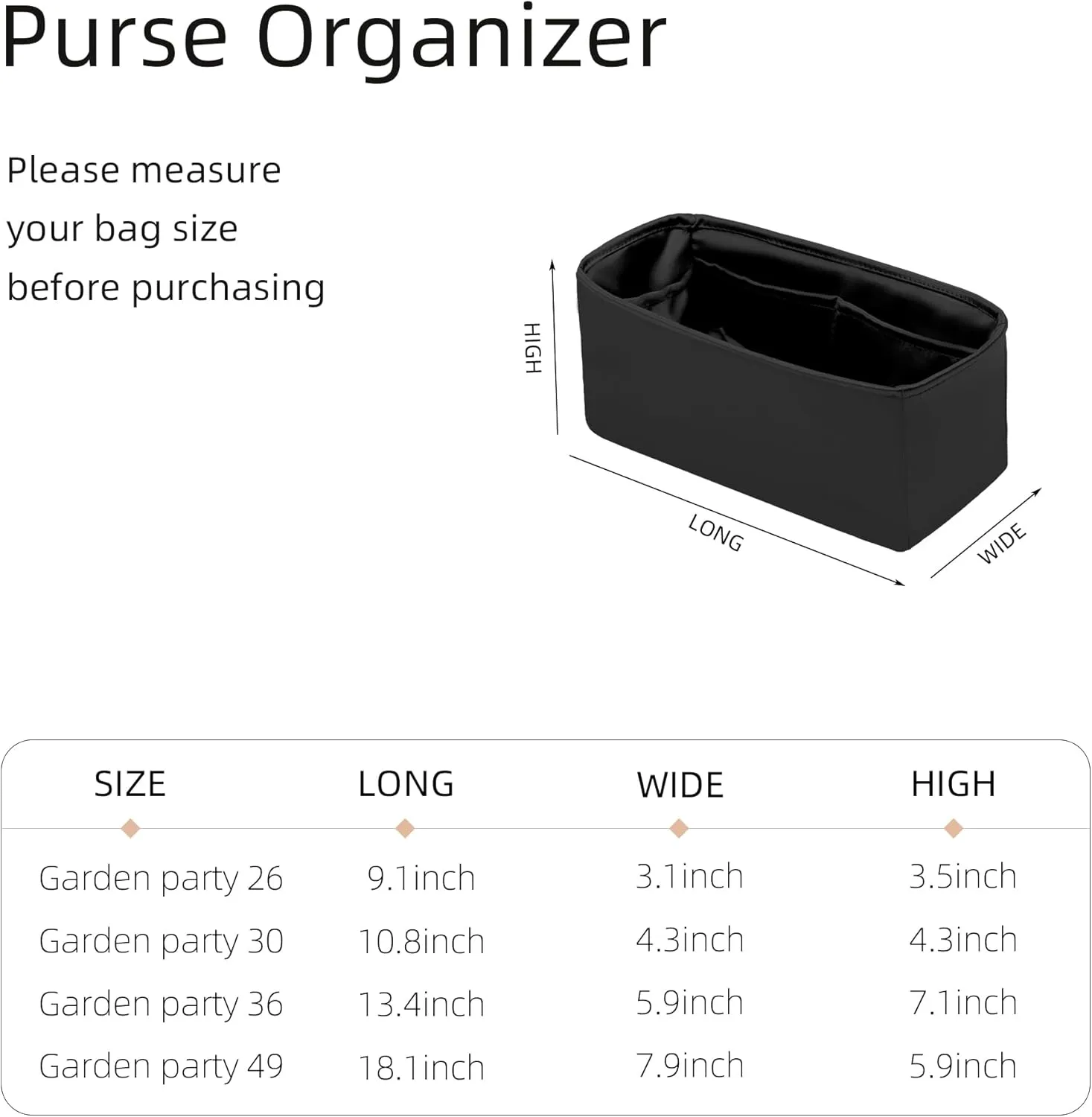 Silk Purse Organizer for Garden Party 26/30/36/49,Insert Bag in Bag,Luxury Handbag Tote Lining Bag Shapers（Black,GP49）
