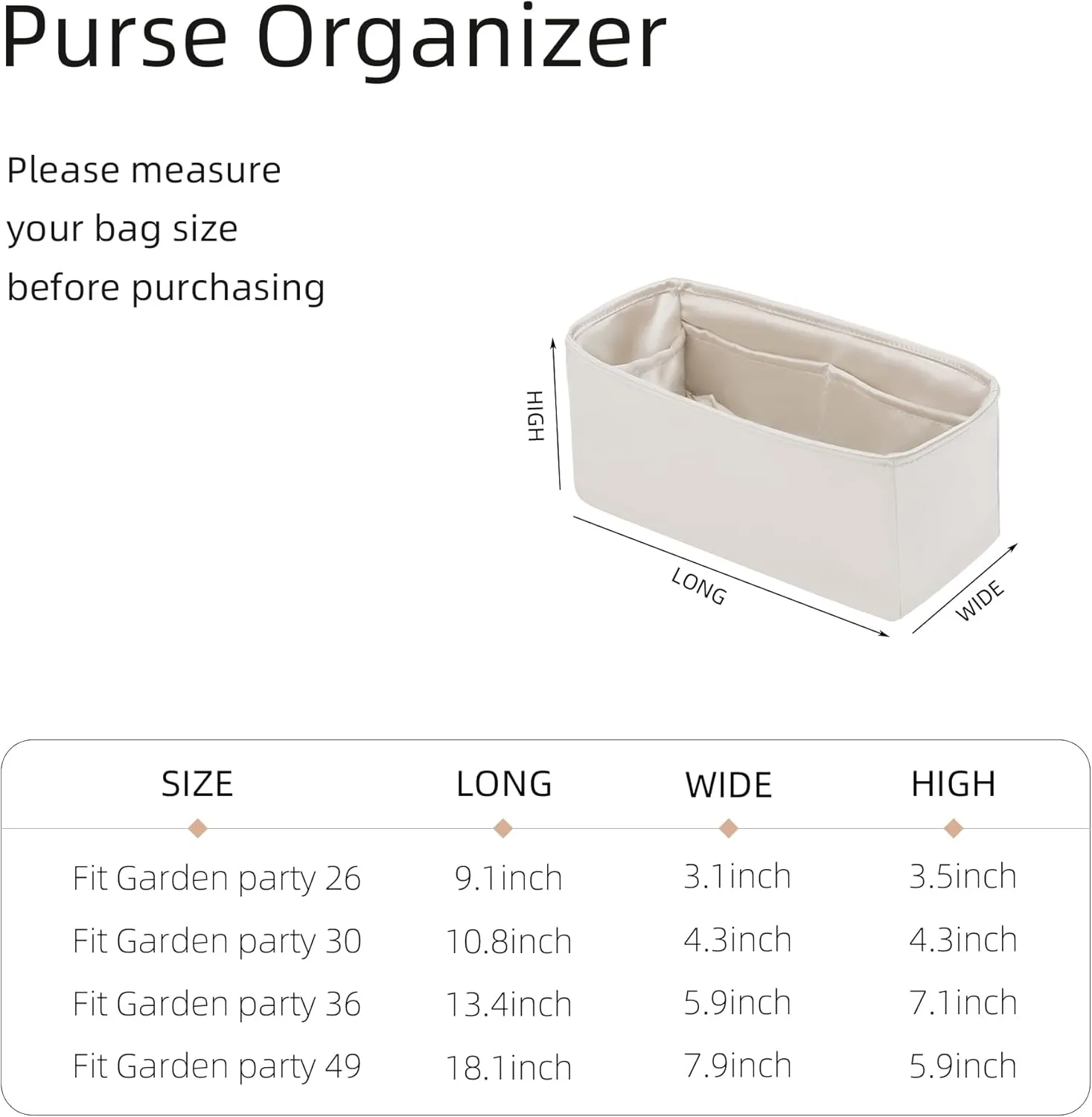 Silk Purse Organizer for Garden Party 26/30/36/49,Insert Bag in Bag,Luxury Handbag Tote Lining Bag Shapers（Canvas,GP49）