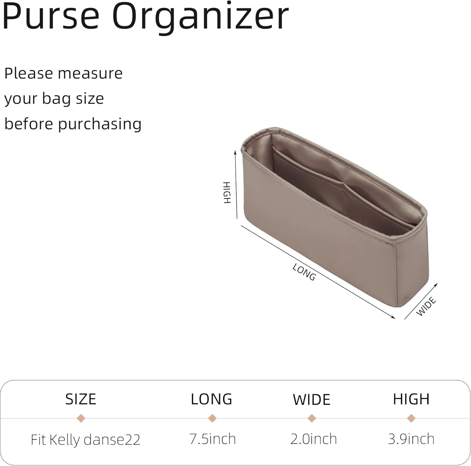 Silk Purse Organizer for Kelly Danse,Insert Bag in Bag,Luxury Handbag Tote Lining Bag Shapers(Danse22,Etoupe Grey)