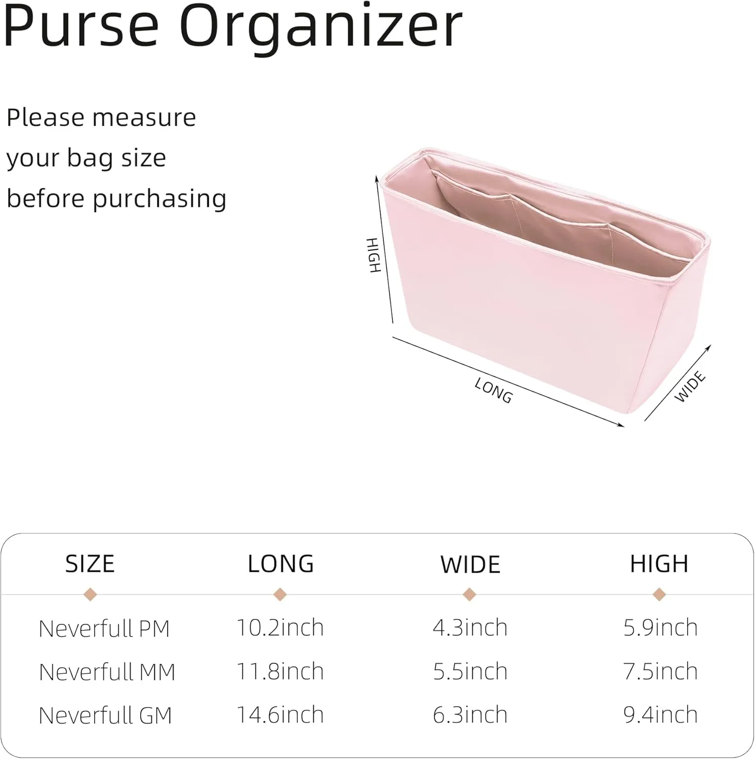 Silk Purse Organizer for LV Neverfull-PM/MM/GM,Insert in Bag,Luxury Handbag Tote Lining Bag Shapers(PM,Pink)