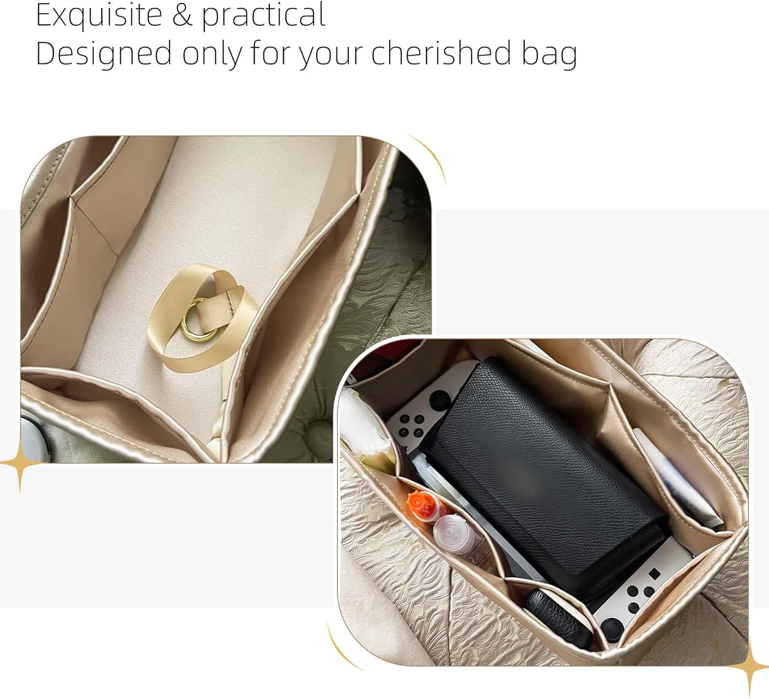 Silk Purse Organizer for Puzzle Mini/Small/Medium/Large,Insert Bag in Bag,Luxury Handbag Tote Lining Bag Shapers(Champagne,Medium)