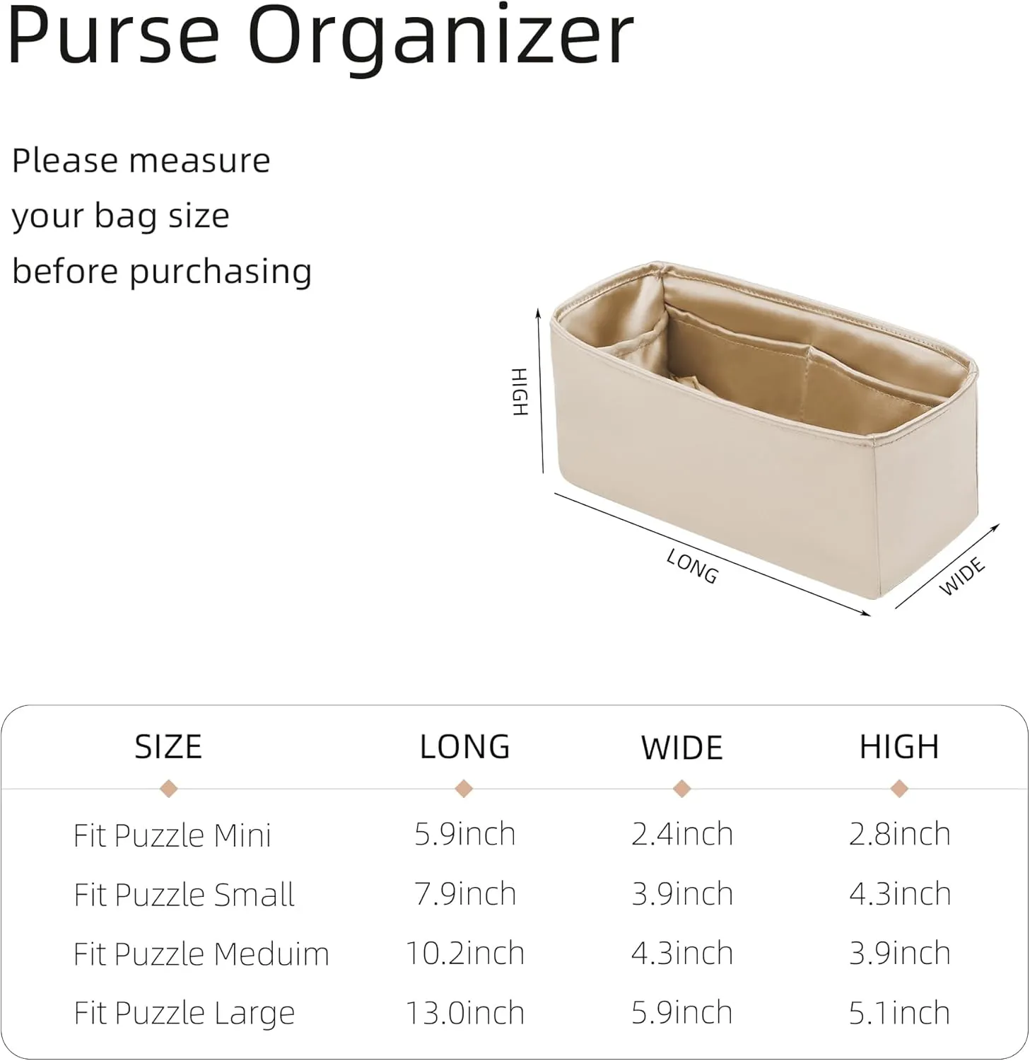 Silk Purse Organizer for Puzzle Mini/Small/Medium/Large,Insert Bag in Bag,Luxury Handbag Tote Lining Bag Shapers(Champagne,Medium)