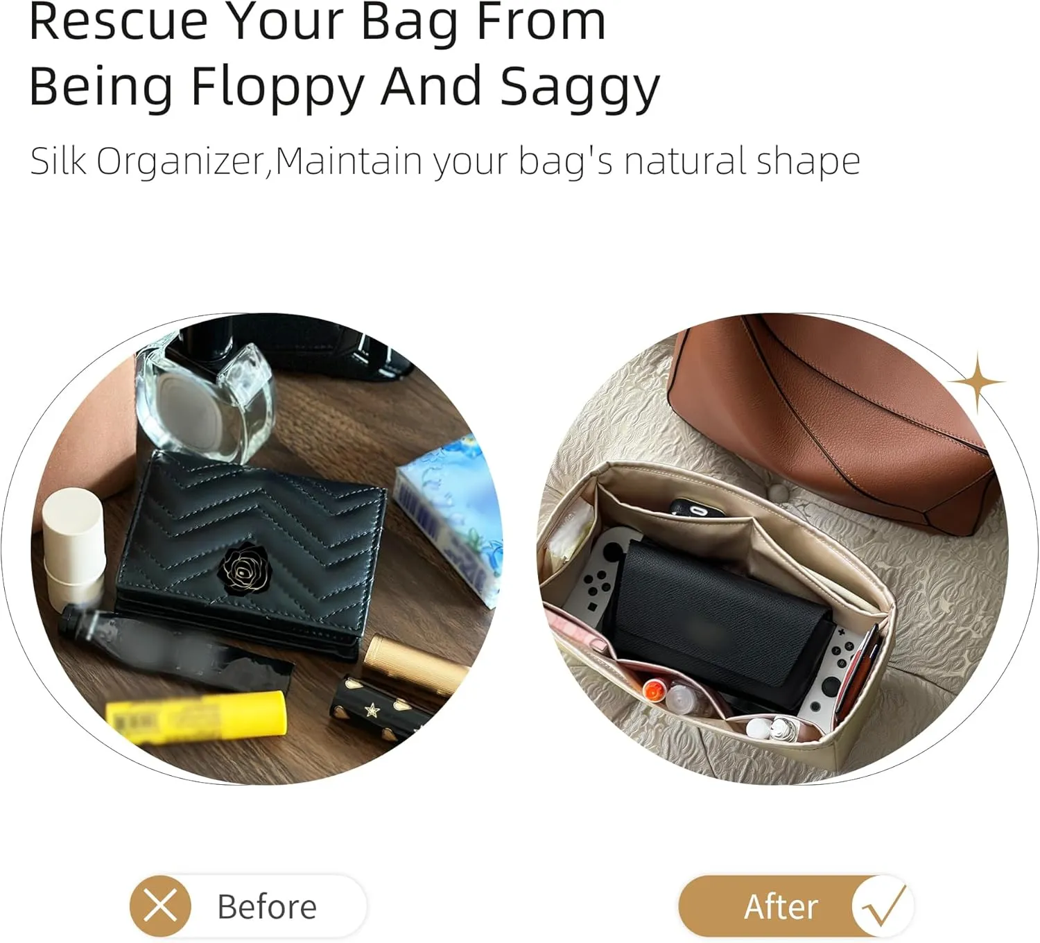 Silk Purse Organizer for Puzzle Mini/Small/Medium/Large,Insert Bag in Bag,Luxury Handbag Tote Lining Bag Shapers(Champagne,Medium)