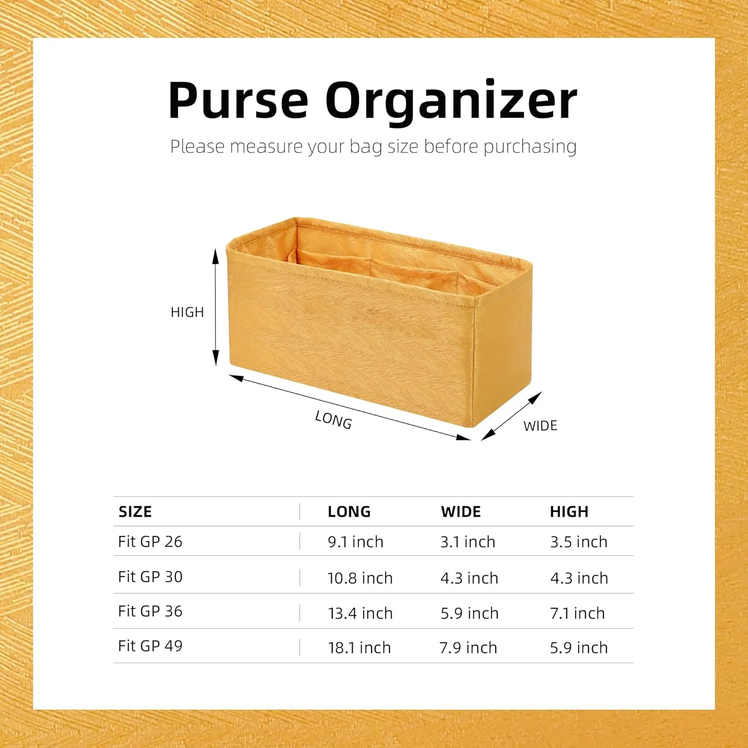 Silk Purse Organizer Insert for Garden Party 26/30/36/49, Silky Soft Bag Organizer Liner, Lightweight Luxury Handbag Tote Shaper(GP30,Amber Yellow)