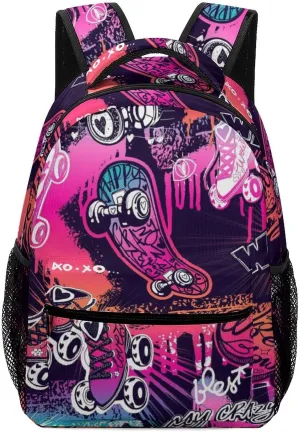 Skateboards Roller Skates Backpack Colorful Large computer Bags with Chest Strap,Lightweight Casual Daypack for Women Men Hiking Travel Work and Business 16 Inch