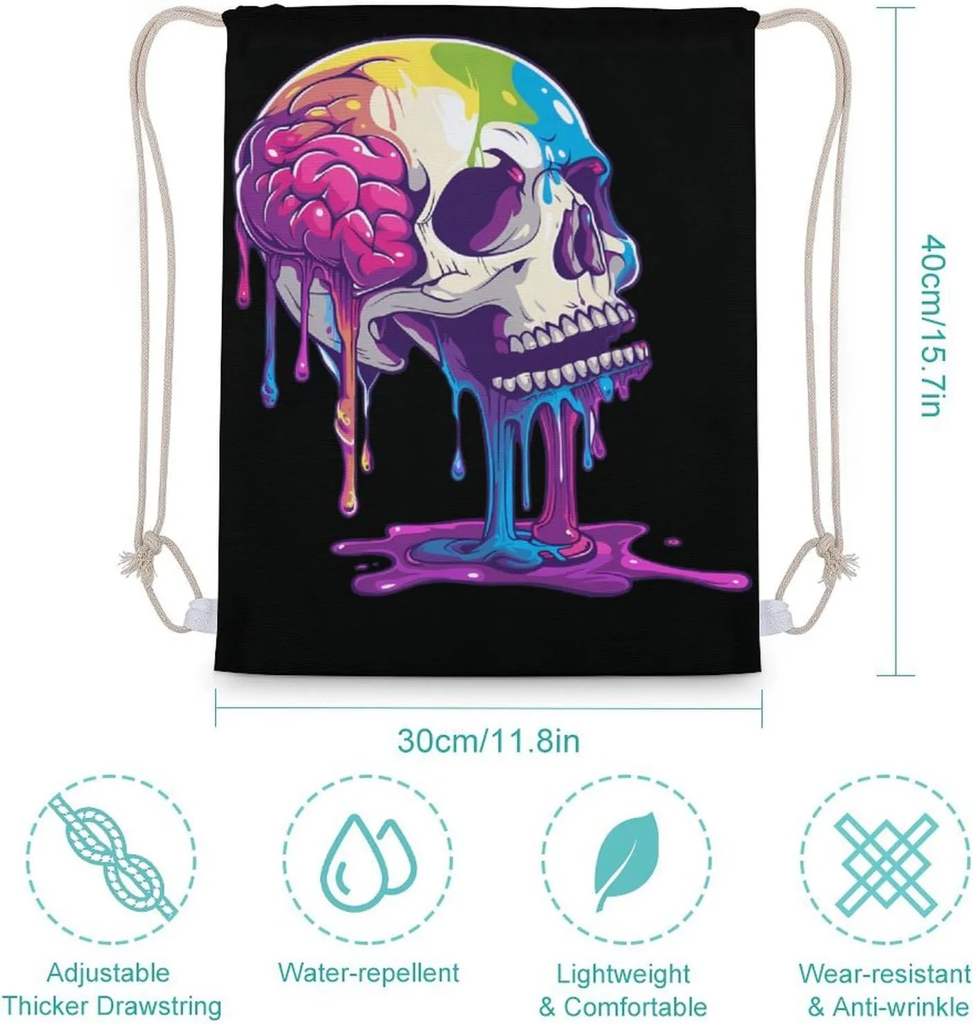 Skeleton Skull A Brain Invade Drawstring Backpack Canvas Double Shoulder Bag String Bag Sports Gym Bag for Men Women 30x40cm