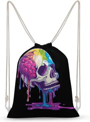 Skeleton Skull A Brain Invade Drawstring Backpack Canvas Double Shoulder Bag String Bag Sports Gym Bag for Men Women 30x40cm