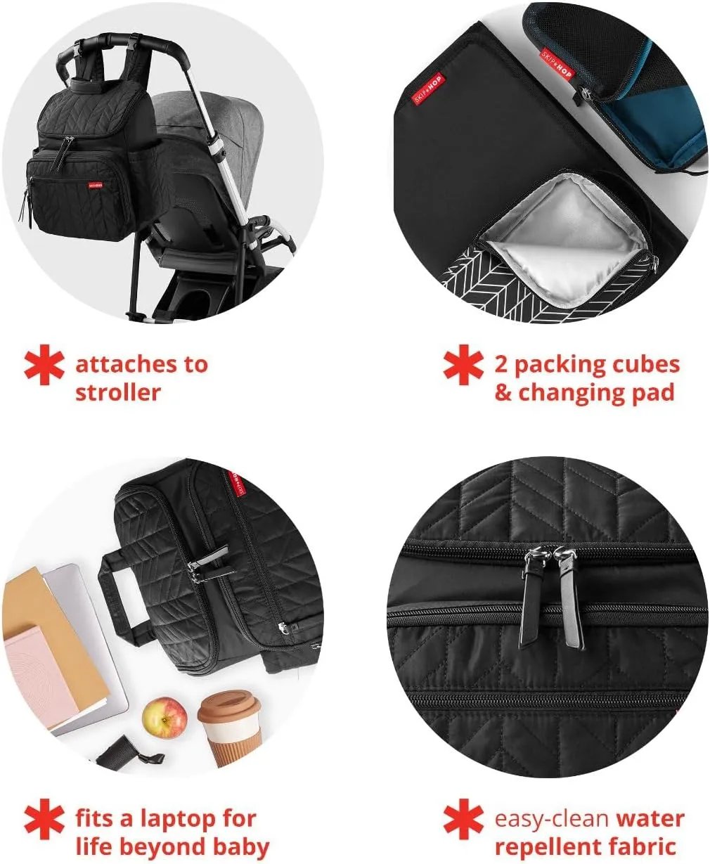 Skip Hop Diaper Bag Backpack: Forma, Multi-Function Baby Travel Bag with Changing Pad & Stroller Attachment, Jet Black & Baby Changing Pad, Nursery Style, Grey
