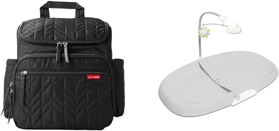Skip Hop Diaper Bag Backpack: Forma, Multi-Function Baby Travel Bag with Changing Pad & Stroller Attachment, Jet Black & Baby Changing Pad, Nursery Style, Grey