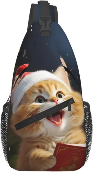 Sling Backpack Bag Crossbody Shoulder Bag Cute Cat Sing Christmas Carols Chest Bag Lightweight Hiking Daypack,Unisex