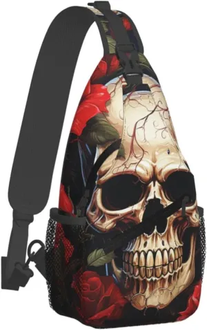 Sling Bag Crossbody Backpack for Men Women Skull Rose-Red Chest Bag Crossbody Bag for Travel Sport Running