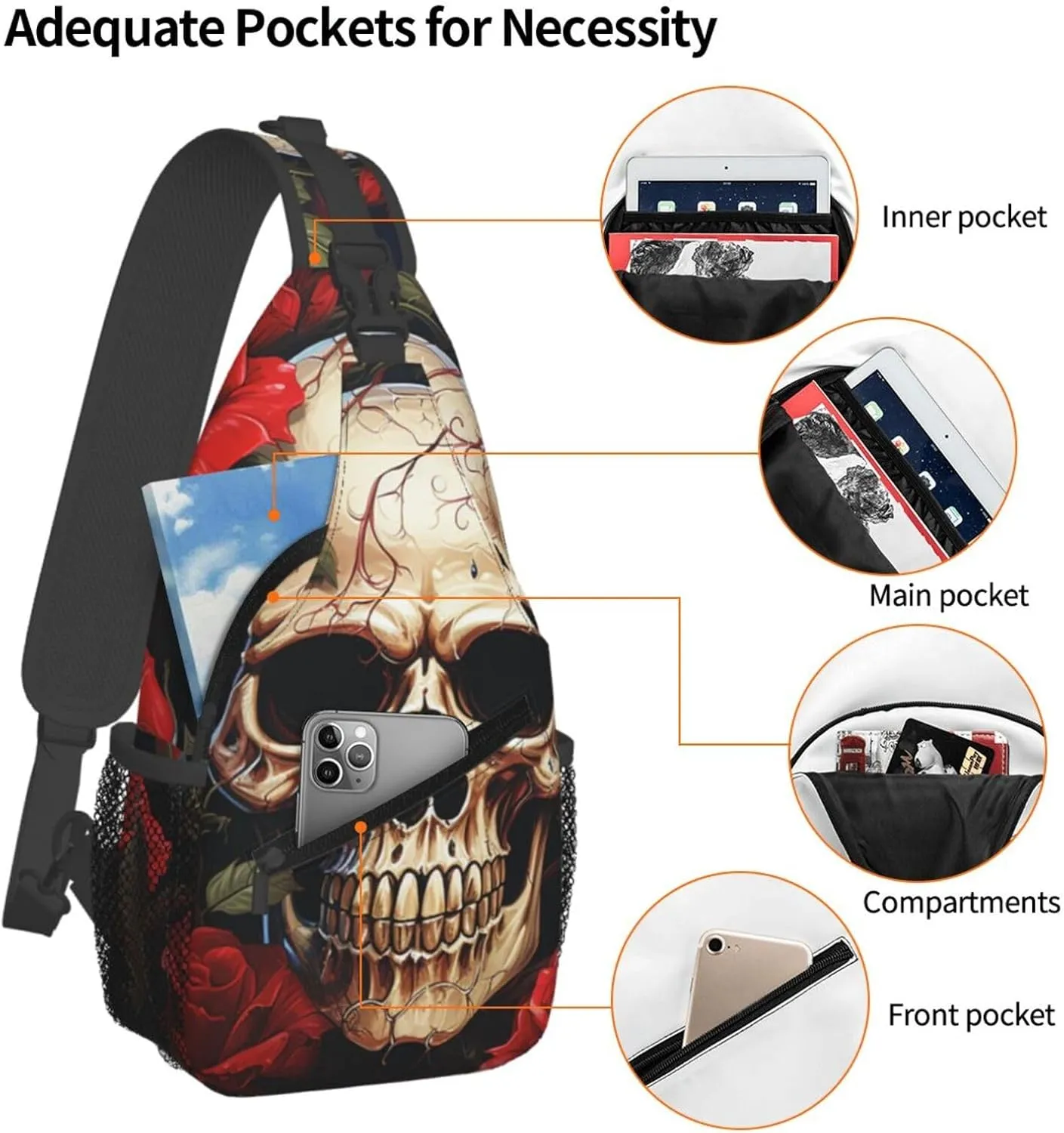Sling Bag Crossbody Backpack for Men Women Skull Rose-Red Chest Bag Crossbody Bag for Travel Sport Running