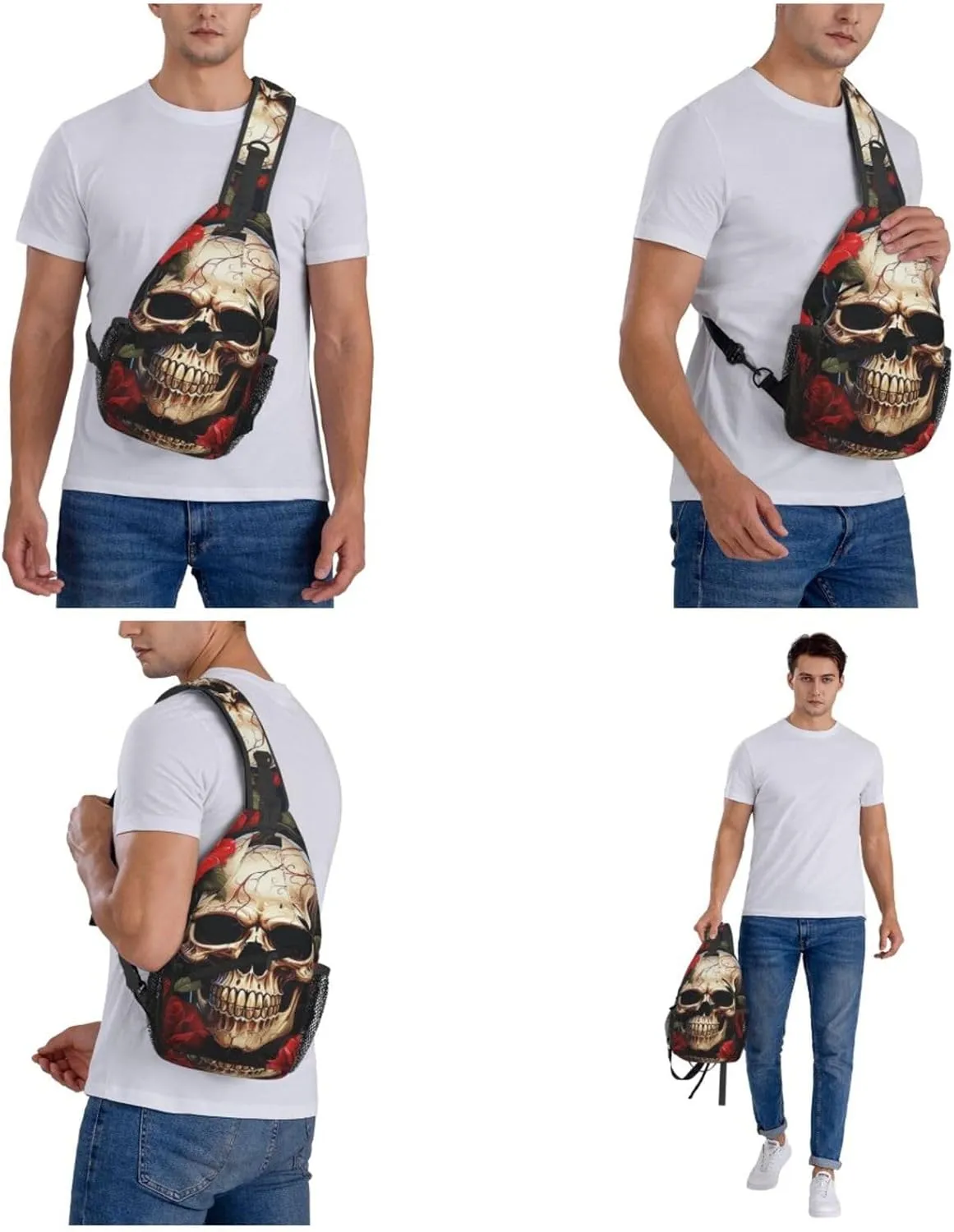 Sling Bag Crossbody Backpack for Men Women Skull Rose-Red Chest Bag Crossbody Bag for Travel Sport Running