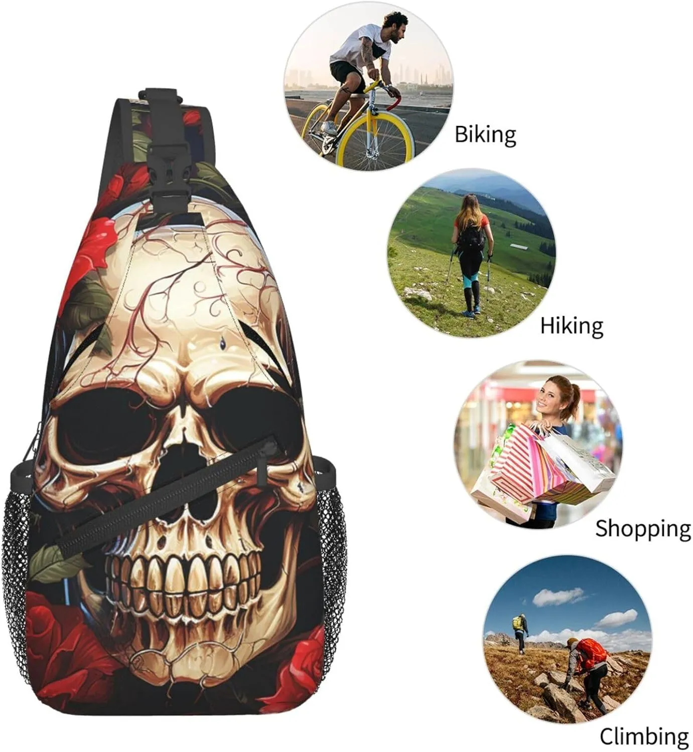Sling Bag Crossbody Backpack for Men Women Skull Rose-Red Chest Bag Crossbody Bag for Travel Sport Running