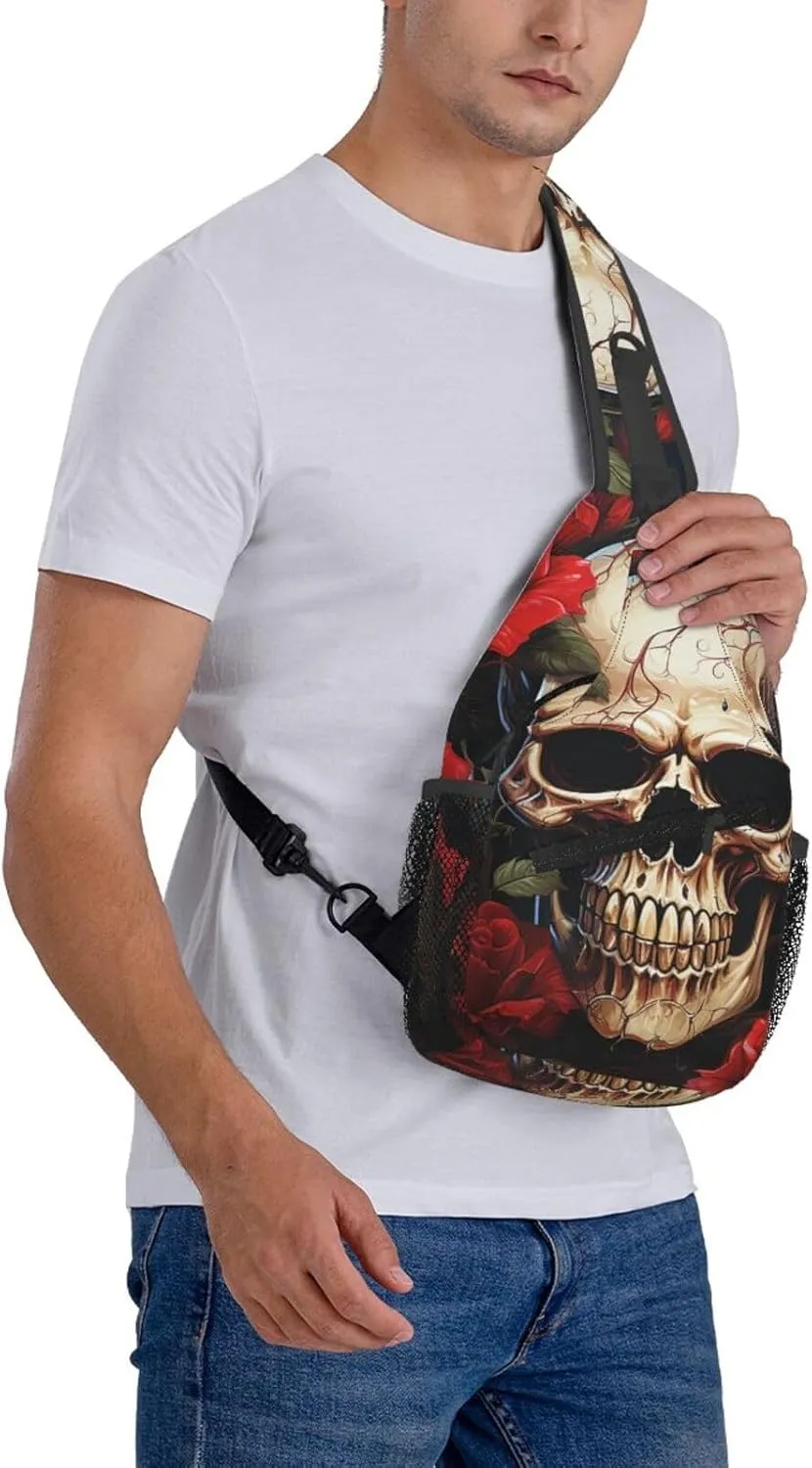 Sling Bag Crossbody Backpack for Men Women Skull Rose-Red Chest Bag Crossbody Bag for Travel Sport Running