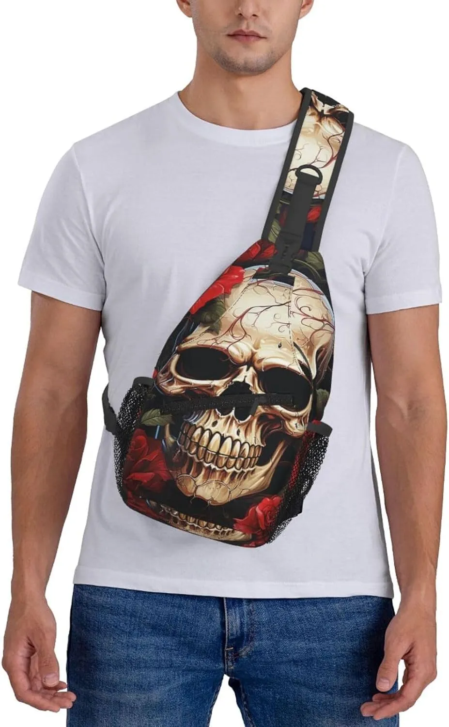 Sling Bag Crossbody Backpack for Men Women Skull Rose-Red Chest Bag Crossbody Bag for Travel Sport Running