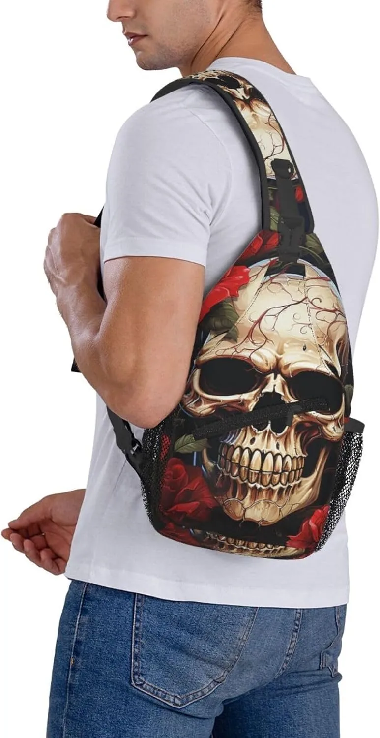 Sling Bag Crossbody Backpack for Men Women Skull Rose-Red Chest Bag Crossbody Bag for Travel Sport Running