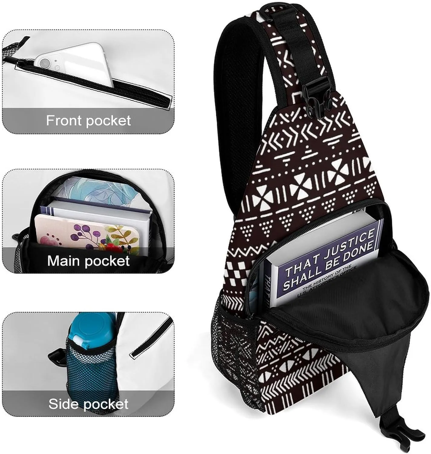 Sling Bag Crossbody Sling Backpack for Women Men Travel Hiking Daypack Chest Shoulder Bag (for Traditional Ethnic African Mudcloth Pattern)